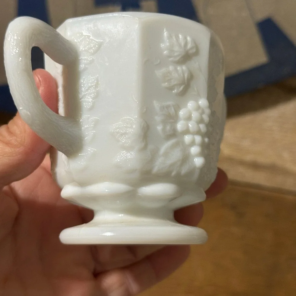 Vintage Milk Glass Sugar‎ Bowl Creamer Embossed Grapes Leaves Footed Two Handles